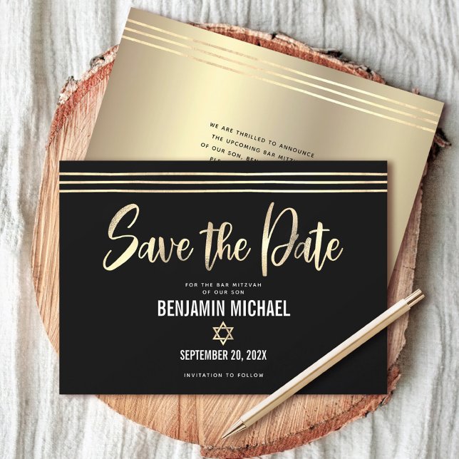 Bar Mitzvah Black Gold Foil Script Tallit Modern Save The Date (Creator Uploaded)