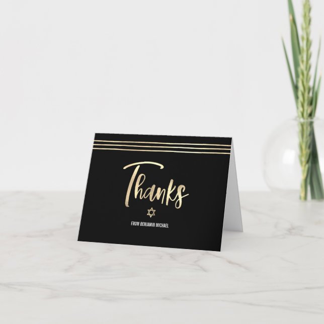 Bar Mitzvah Black Gold Foil Script Tallit Modern Thank You Card (Front)