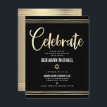 Bar Mitzvah Black Gold Foil Tallit Script Modern Enclosure Card<br><div class="desc">Be proud, rejoice and showcase this milestone of your favourite Bar Mitzvah! Include this stunning, modern, personalised insert for additional information to your event. Graphic faux gold foil calligraphy script, Star of David, and hand drawn tallit lines overlay a rich, dramatic, black background. A faux gold Star of David and...</div>