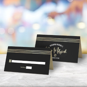 Bar Mitzvah Black Gold Foil Tallit Script Modern Place Card