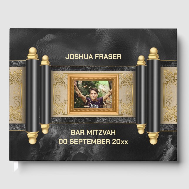 Bar mitzvah black marble gold scroll boys photo guest book (Front)