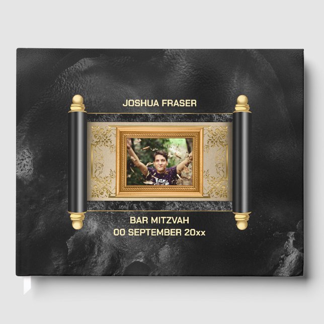 Bar mitzvah black marble gold scroll elegant photo guest book (Front)