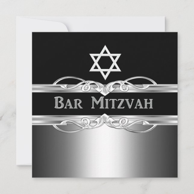 Bar Mitzvah Black Silver Metal Boy 2 Invitation (Front)