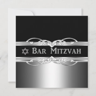 Bar Mitzvah Black Silver Metal Boy Invitation