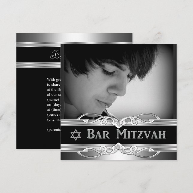 Bar Mitzvah Black Silver Metal male 2 Invitation (Front/Back)