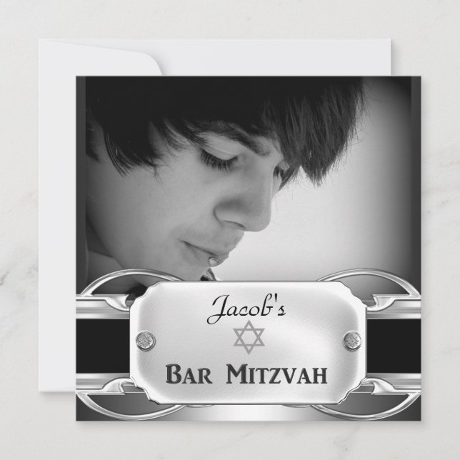Bar Mitzvah Black Silver Metal male Invitation (Front)