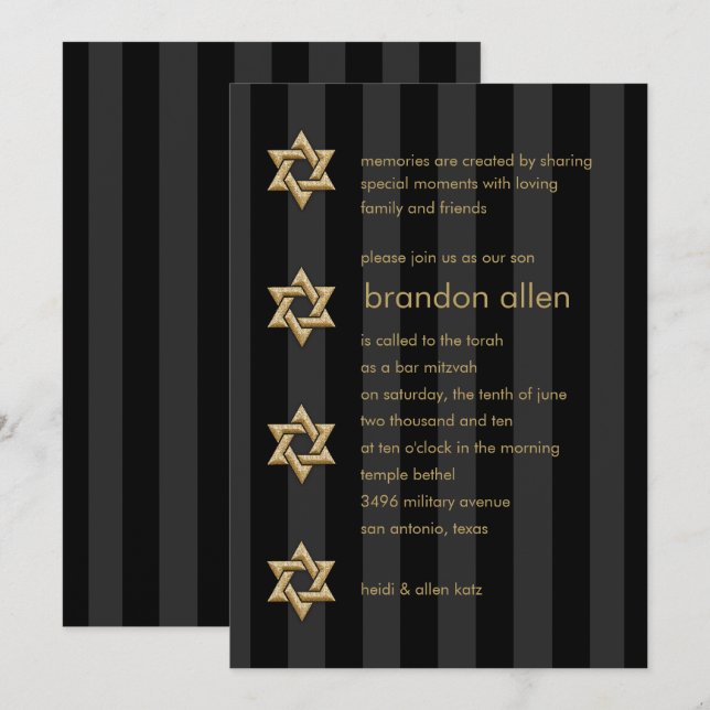 Bar Mitzvah Black Stripe Gold Star Invitation (Front/Back)