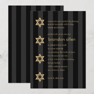 Bar Mitzvah Black Stripe Gold Star Invitation