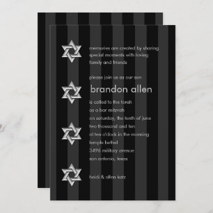Bar Mitzvah Black Stripe Silver Star Invitation