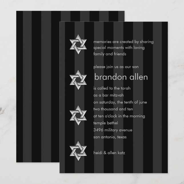 Bar Mitzvah Black Stripe Silver Star Invitation (Front/Back)