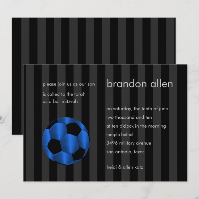 Bar Mitzvah Blue and Black Soccer Ball Invitation (Front/Back)