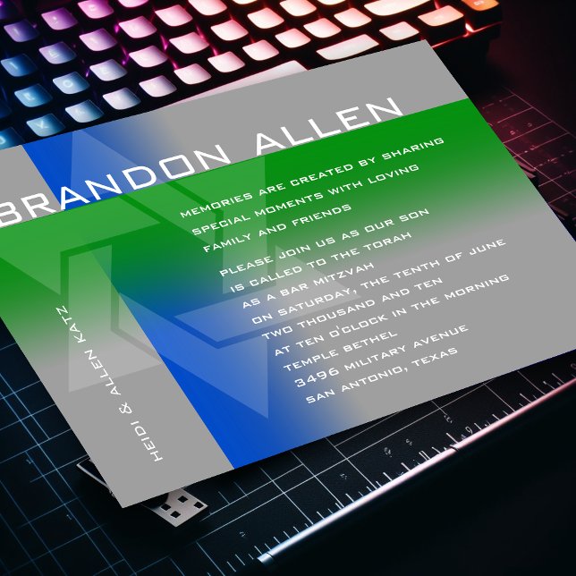 Bar Mitzvah Blue and Green on Any Colour Invitation (Creator Uploaded)