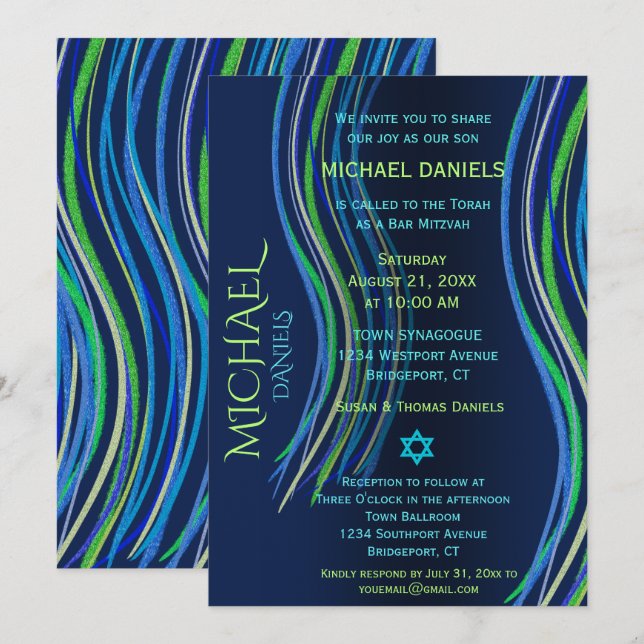 Bar Mitzvah Blue and Green Prayer Shawl Invitation (Front/Back)