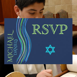 Bar Mitzvah Blue and Green Prayer Shawl RSVP Card