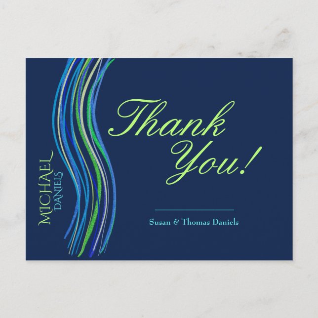 Bar Mitzvah Blue and Green Thank You Postcard (Front)