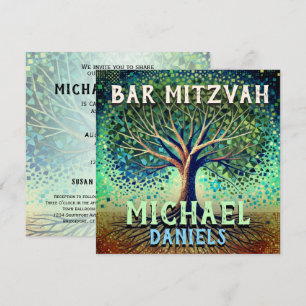 Bar Mitzvah Blue and Green Tree of Life Invitation