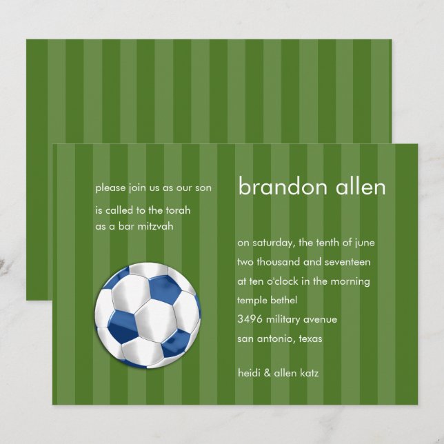 Bar Mitzvah Blue and White Soccer Ball Invitation (Front/Back)