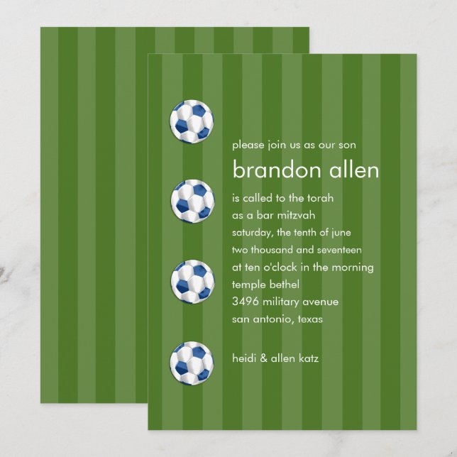 Bar Mitzvah Blue and White Soccer Ball Invitation (Front/Back)