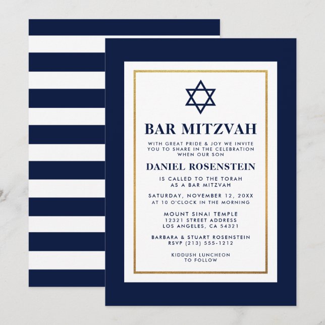 Bar Mitzvah Blue and White Striped Gold Invitation (Front/Back)