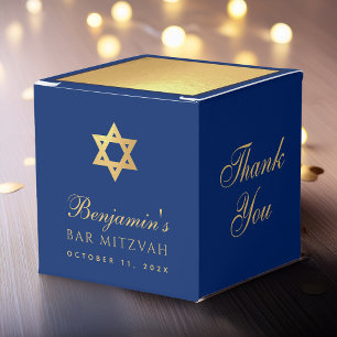 Bar Mitzvah Blue Faux Gold Star of David Thank You Favour Box