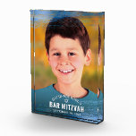 Bar Mitzvah Blue Foil Brush Bold Modern Typography Photo Block<br><div class="desc">Be proud, rejoice and showcase this milestone of your favourite Bar Mitzvah with this cool, unique, modern, personalised keepsake custom photo block! Faux metallic light blue foil brush strokes, a white Star of David, and bold, white typography overlay the photo of your choice. Personalise the custom text with your Bar...</div>