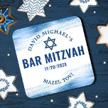 Bar Mitzvah Blue Foil Navy Typography Modern Bold Square Paper Coaster<br><div class="desc">Be proud, rejoice and showcase this milestone of your favourite Bar Mitzvah! Celebrate with this bold, stunning, simple, modern, custom paper coaster. Faux metallic light blue foil brush strokes, navy blue typography and a navy blue Star of David overlay a clean, white background. Personalise with your son’s name, date of...</div>
