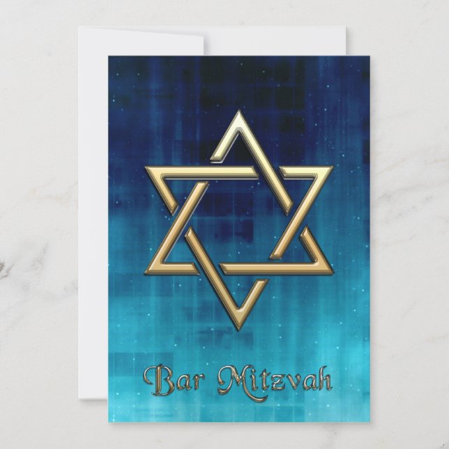 Bar Mitzvah Blue Galaxy & Gold Star of David Invitation (Front)