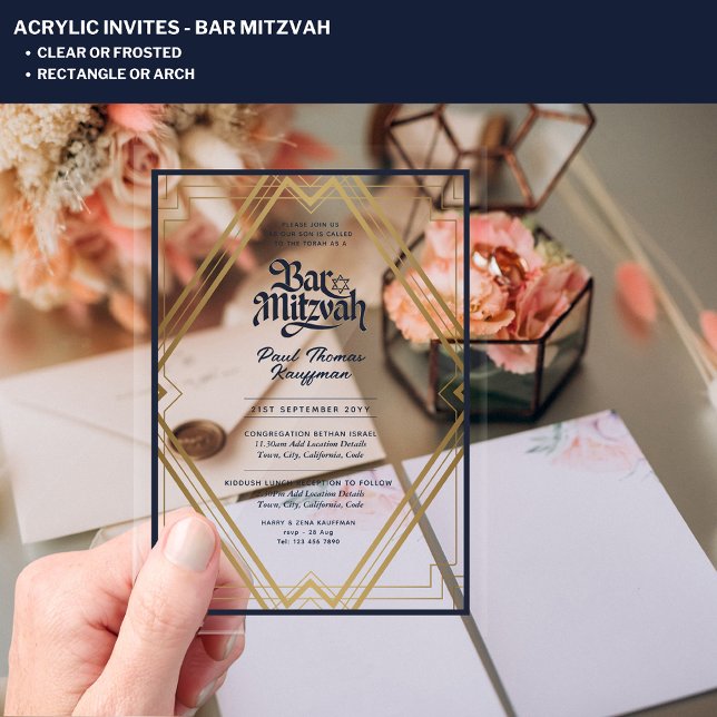BAR MITZVAH Blue Gold Luxury Minimalist Acrylic Invitations (Creator Uploaded)
