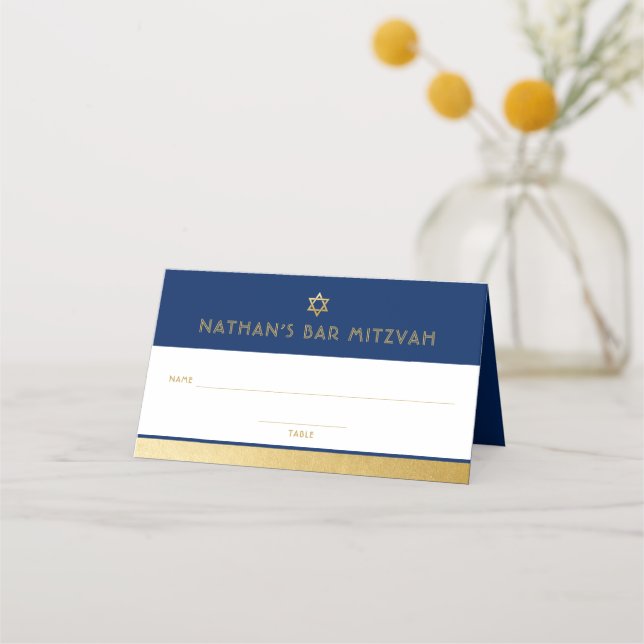Bar Mitzvah Blue Gold Modern Folded Place Card (Front)