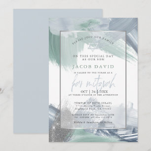 Bar Mitzvah Blue Green Dry Brushstrokes Invitation