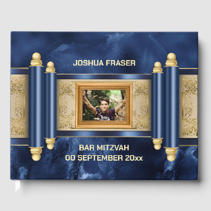 Bar mitzvah blue marble gold scroll boys photo guest book