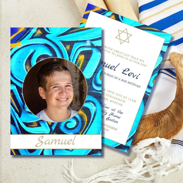 Bar Mitzvah Blue Modern Photo Star Of David Invitation (Creator Uploaded)