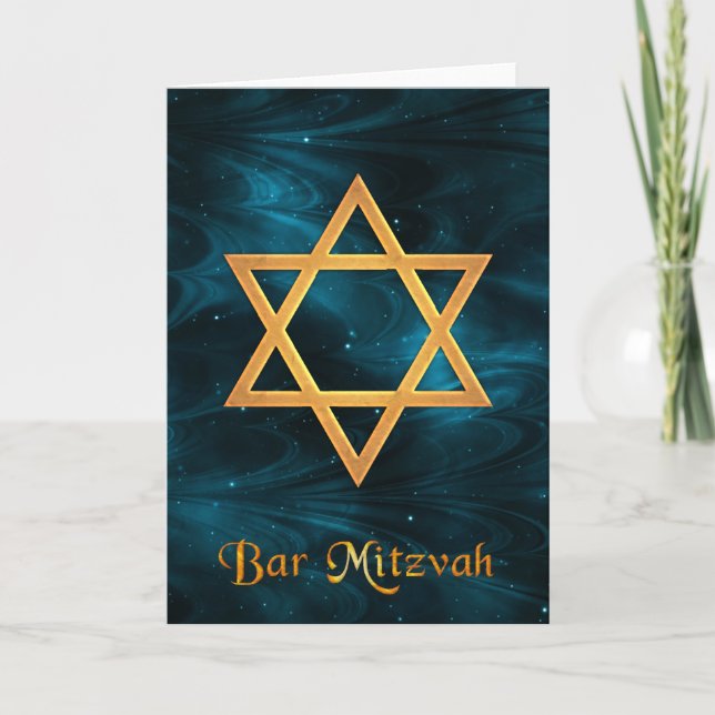Bar Mitzvah Blue Nebulae & Gold Star of David Card (Front)