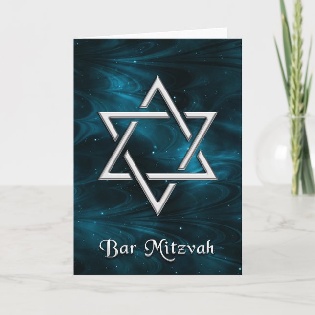 Bar Mitzvah Blue Nebulae & Silver Star of David Card (Front)