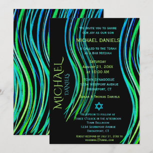 Bar Mitzvah Blue Neon Green Prayer Shawl Invitation
