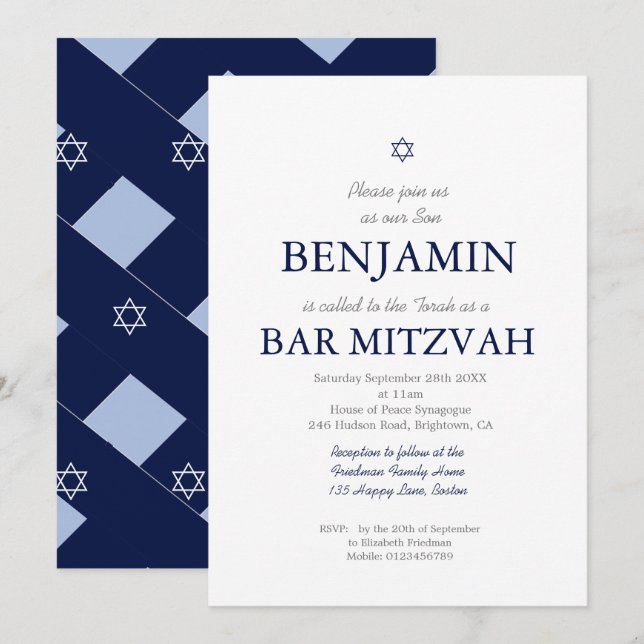 Bar Mitzvah Blue Pattern Star of David Jewish   Invitation (Front/Back)