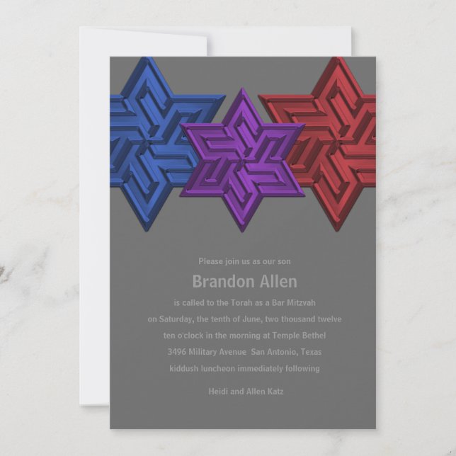 Bar Mitzvah Blue Purple and Red Star of David Invitation (Front)