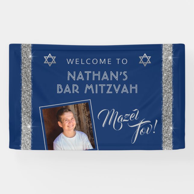 Bar Mitzvah Blue Silver Mazel Tov Congrats Banner (Horizontal)