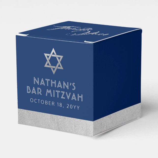 Bar Mitzvah Blue & Silver Stripe Modern Favour Box (Front Side)