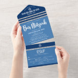 Bar Mitzvah Blue Silver Tallit Bold Modern Script All In One Invitation<br><div class="desc">Be proud, rejoice and showcase this milestone of your favourite Bar Mitzvah! Send out this cool, unique, modern, custom all-in-one invitation for an event to remember. Bold, white script typography, Star of David and a navy blue and faux silver glitter striped tallit inspired graphic overlay a simple, cornflower blue background....</div>