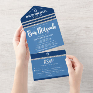 Bar Mitzvah Blue Silver Tallit Bold Modern Script All In One Invitation