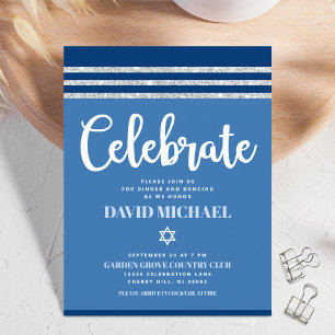 Bar Mitzvah Blue Silver Tallit Bold Modern Script Enclosure Card