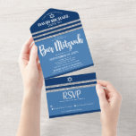 Bar Mitzvah Blue Silver Tallit Modern Bold Script All In One Invitation<br><div class="desc">Be proud, rejoice and showcase this milestone of your favourite Bar Mitzvah! Send out this cool, unique, modern, custom all-in-one invitation for an event to remember. Bold, white script typography, Star of David and a navy blue and faux silver glitter striped tallit inspired graphic overlay a simple, cornflower blue background....</div>