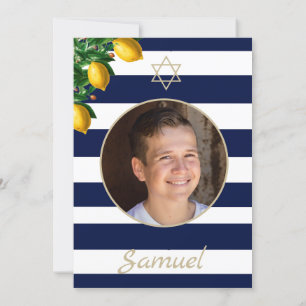 Bar Mitzvah Blue Stripe Modern Photo Star of David Invitation