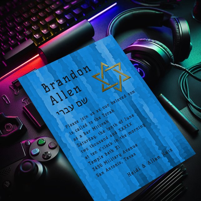 Bar Mitzvah Blue Techno Streaks Invitation (Creator Uploaded)