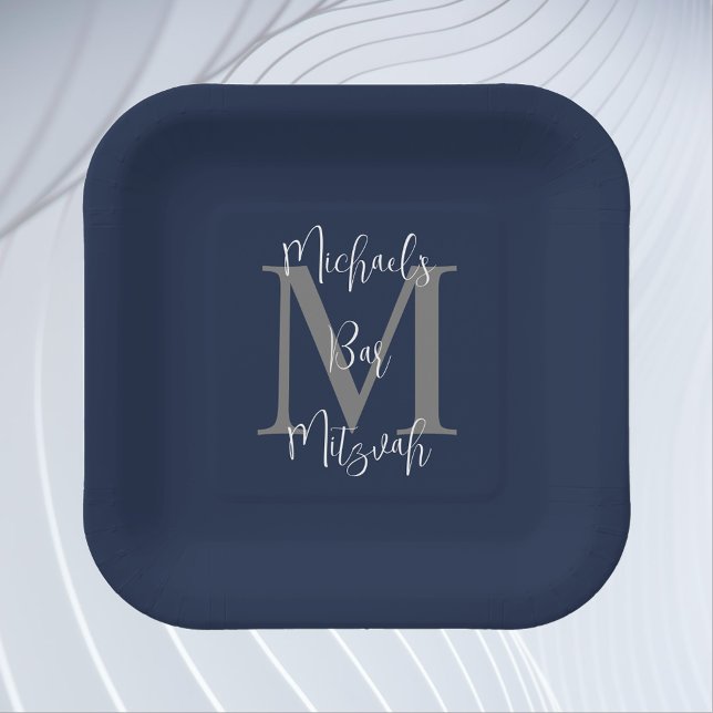 Bar Mitzvah Blue White Grey Name Monogram Paper Plate (Creator Uploaded)