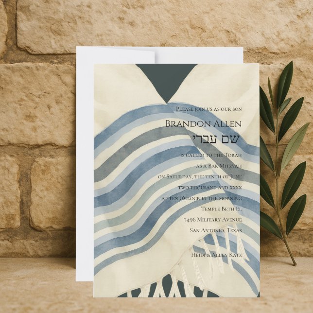 Bar Mitzvah Blue White Grey Stripe Tallit Invitation (Creator Uploaded)