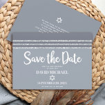 Bar Mitzvah Bold Modern Grey Silver Tallit Script Save The Date<br><div class="desc">Make sure all your friends and relatives will be able to celebrate your son’s milestone Bar Mitzvah! Send out this cool, unique, modern, personalised “Save the Date” announcement card. Bold, white script typography, Star of David, and a soft grey and silver glitter striped tallit inspired graphic overlay a simple, lighter...</div>