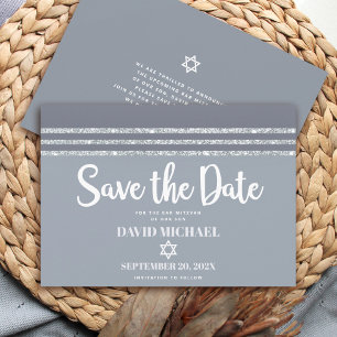 Bar Mitzvah Bold Modern Grey Silver Tallit Script Save The Date