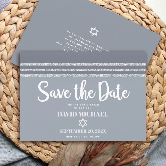 Bar Mitzvah Bold Modern Grey Silver Tallit Script Save The Date (Creator Uploaded)